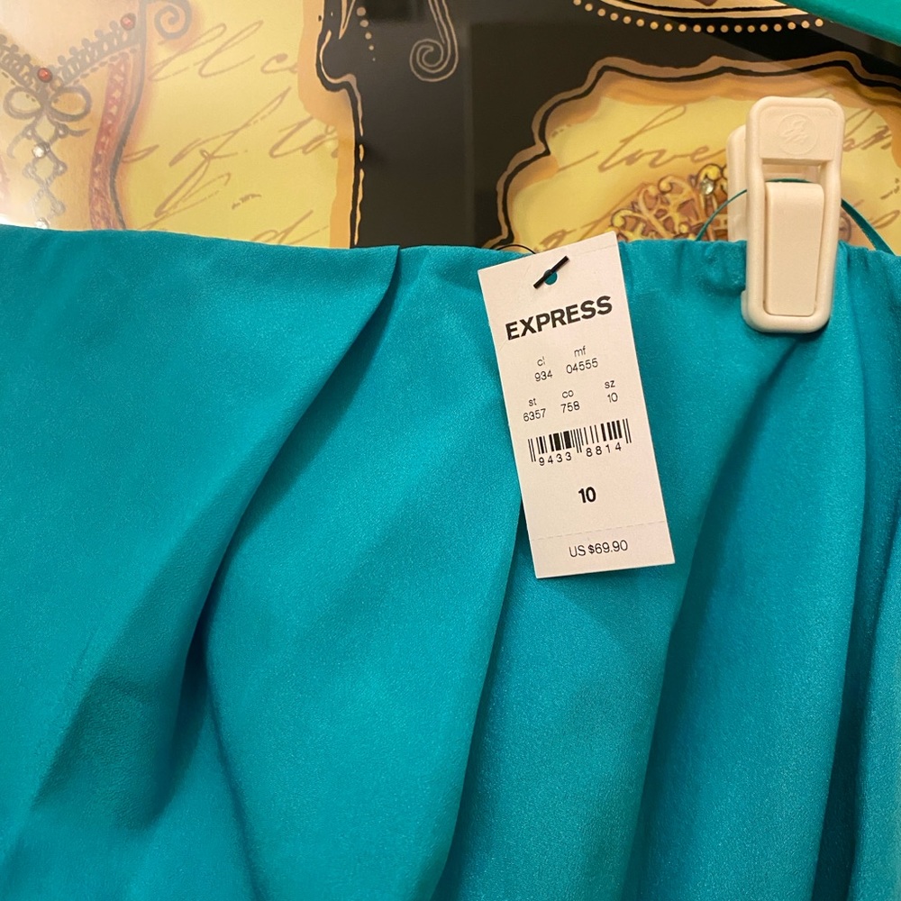 Strapless Express turquoise dress with side zipper. Wrap around tie. Size 10 - Picture 4 of 6